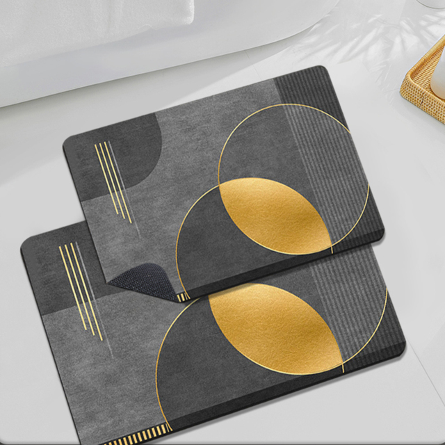 2 Pieces Modern Black & Gold Bath Mat Set Bathroom Rugs 400mm x 600mm & 500mm x 800mm