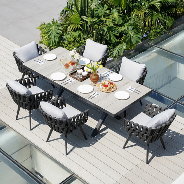 7-Piece Outdoor Extendable Dining Set with 6 Rope Weave Chairs (1631 mm - 2141 mm) in Grey - image 1