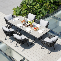 7-Piece Outdoor Extendable Dining Set with 6 Rope Weave Chairs (1631 mm - 2141 mm) in Grey