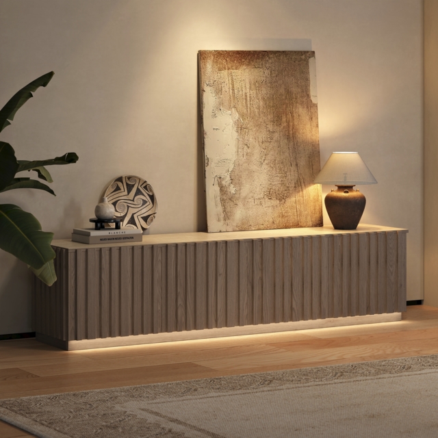 Aura 210 cm Mid-Century Modern Ash Wood Slatted Whitewash TV Stand with Travertine Veneer Top - image 1