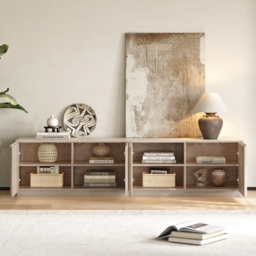 Aura 210 cm Mid-Century Modern Ash Wood Slatted Whitewash TV Stand with Travertine Veneer Top - thumbnail 9