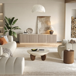 Aura 210 cm Mid-Century Modern Ash Wood Slatted Whitewash TV Stand with Travertine Veneer Top - thumbnail 6