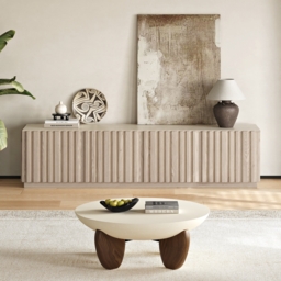Aura 210 cm Mid-Century Modern Ash Wood Slatted Whitewash TV Stand with Travertine Veneer Top - thumbnail 7
