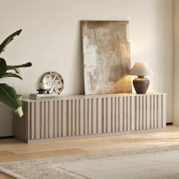Aura 210 cm Mid-Century Modern Ash Wood Slatted Whitewash TV Stand with Travertine Veneer Top - thumbnail 3