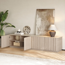 Aura 210 cm Mid-Century Modern Ash Wood Slatted Whitewash TV Stand with Travertine Veneer Top - thumbnail 8