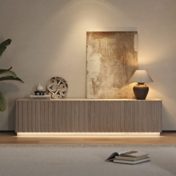 Aura 210 cm Mid-Century Modern Ash Wood Slatted Whitewash TV Stand with Travertine Veneer Top - thumbnail 2