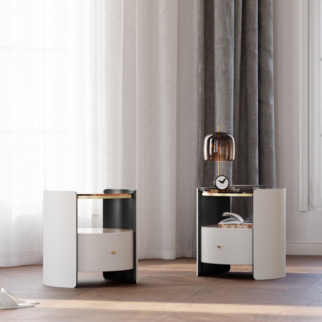 Modern Round White Leather Nightstand with Glass Top & Sintered Stone Bedside with Shelf Set of 2 - image 1