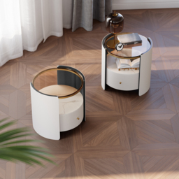Modern Round White Leather Nightstand with Glass Top & Sintered Stone Bedside with Shelf Set of 2 - thumbnail 2