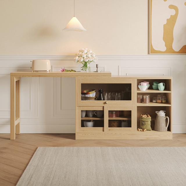"47"" Natural Storage Sideboard Cabinet Extendable Wood Buffet Foldable Dining Table" - image 1