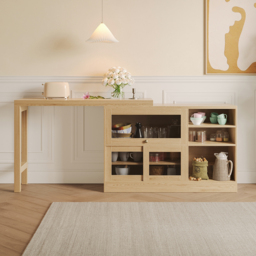 "47"" Natural Storage Sideboard Cabinet Extendable Wood Buffet Foldable Dining Table" - thumbnail 1