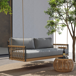 Ropipe Boho 1-Seater Khaki Woven Rope Garden Patio Swing Sofa with Grey Cushion - thumbnail 2