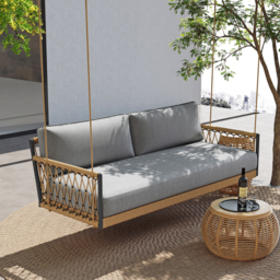 Ropipe Boho 1-Seater Khaki Woven Rope Garden Patio Swing Sofa with Grey Cushion