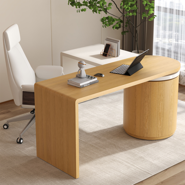 Modern Natural & White 360° swivel L Shaped Executive Desk with Cabinet & 2 Drawers (59.8'') Home Office Furniture - image 1