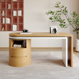 Modern Natural & White 360° swivel L Shaped Executive Desk with Cabinet & 2 Drawers  (59.8'') Home Office Furniture - thumbnail 5
