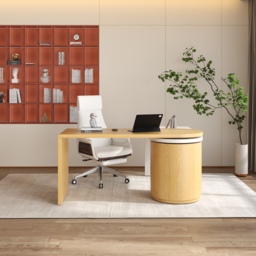 Modern Natural & White 360° swivel L Shaped Executive Desk with Cabinet & 2 Drawers  (59.8'') Home Office Furniture - thumbnail 3
