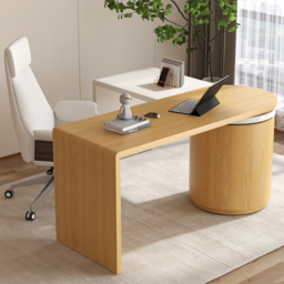 Modern Natural & White 360° swivel L Shaped Executive Desk with Cabinet & 2 Drawers  (59.8'') Home Office Furniture