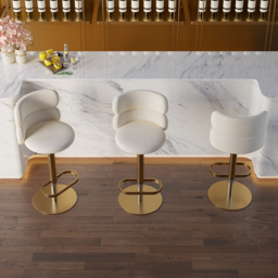 Bar Stool Velvet Upholstery Swivel Warm White with Backrest Adjustable Height in Gold Finish Counter Stool - thumbnail 4