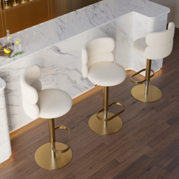Bar Stool Velvet Upholstery Swivel Warm White with Backrest Adjustable Height in Gold Finish Counter Stool - thumbnail 2