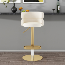 Bar Stool Velvet Upholstery Swivel Warm White with Backrest Adjustable Height in Gold Finish Counter Stool - thumbnail 3