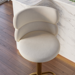 Bar Stool Velvet Upholstery Swivel Warm White with Backrest Adjustable Height in Gold Finish Counter Stool - thumbnail 6