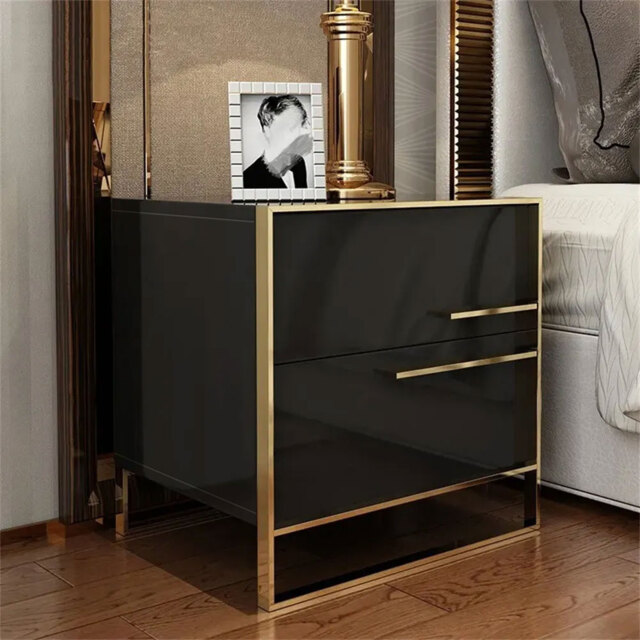 Cylina Modern 2 Drawers Black Lacquer Bedside Table in Gold - image 1