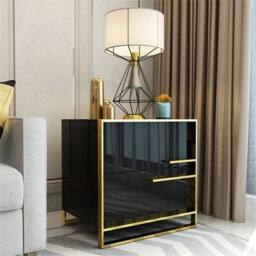 Cylina Modern 2 Drawers Black Lacquer Bedside Table in Gold - thumbnail 4