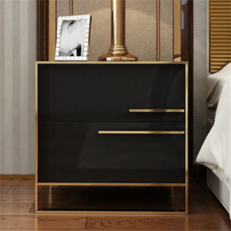 Cylina Modern 2 Drawers Black Lacquer Bedside Table in Gold - thumbnail 3