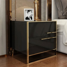 Cylina Modern 2 Drawers Black Lacquer Bedside Table in Gold
