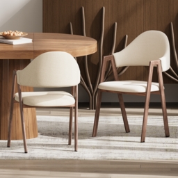 Set of 2 Linen Dining Chair Upholstered Curved Back Modern Warm White Dining Room Chairs - thumbnail 3