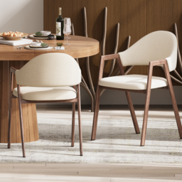 Set of 2 Linen Dining Chair Upholstered Curved Back Modern Warm White Dining Room Chairs