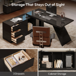 L Shaped Large Executive Office Desk with Drawers & Cabinet Black Office Furniture Left Hand (1800mm) - thumbnail 6