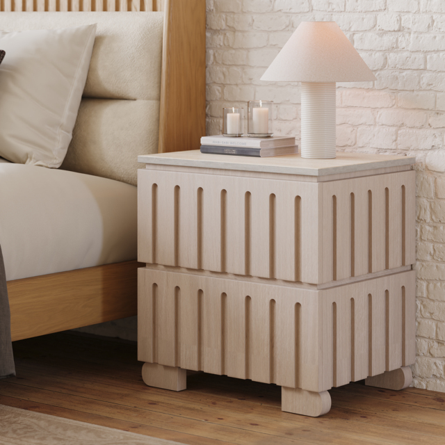Ash Wood 2-Drawer Nightstand with Faux Travertine Top Set of 2 - image 1
