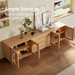 Arune Mid Century Modern Natural TV Unit with LED Lights and Arched Glass Cabinet Doors - thumbnail 8