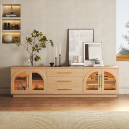 Arune Mid Century Modern Natural TV Unit with LED Lights and Arched Glass Cabinet Doors