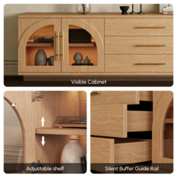 Arune Mid Century Modern Natural TV Unit with LED Lights and Arched Glass Cabinet Doors - thumbnail 9