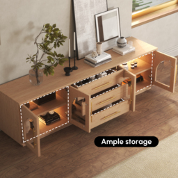 Arune Mid Century Modern Natural TV Stand with LED Lights and Arched Glass Cabinet Doors - thumbnail 6