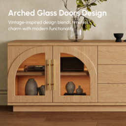 Arune Mid Century Modern Natural TV Unit with LED Lights and Arched Glass Cabinet Doors - thumbnail 7