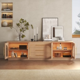 Arune Mid Century Modern Natural TV Stand with LED Lights and Arched Glass Cabinet Doors - thumbnail 3