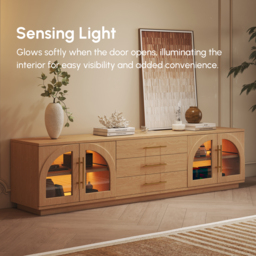 Arune Mid Century Modern Natural TV Unit with LED Lights and Arched Glass Cabinet Doors - thumbnail 6