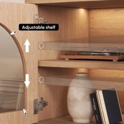 Arune Mid Century Modern Natural TV Stand with LED Lights and Arched Glass Cabinet Doors - thumbnail 9