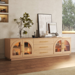 Arune Mid Century Modern Natural TV Stand with LED Lights and Arched Glass Cabinet Doors - thumbnail 2