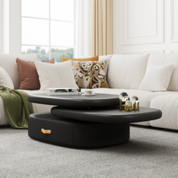 3-Tiered Modern Oval Black Pebbles Rotating Coffee Table with Storage - thumbnail 4