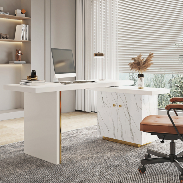 2235mm Modern White L-Shape Writing Desk with Side Cabinet Wood Office Desk Gold Finish - image 1