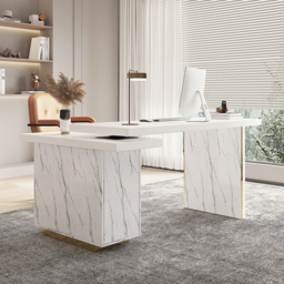 2235mm Modern White L-Shape Writing Desk with Side Cabinet Wood Office Desk Gold Finish - thumbnail 5