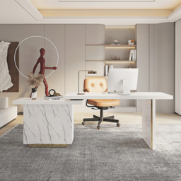 2235mm Modern White L-Shape Writing Desk with Side Cabinet Wood Office Desk Gold Finish - thumbnail 3