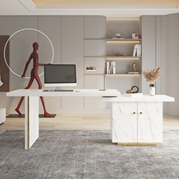 2235mm Modern White L-Shape Writing Desk with Side Cabinet Wood Office Desk Gold Finish - thumbnail 7