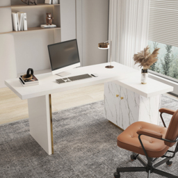 2235mm Modern White L-Shape Writing Desk with Side Cabinet Wood Office Desk Gold Finish - thumbnail 2