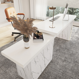 2235mm Modern White L-Shape Writing Desk with Side Cabinet Wood Office Desk Gold Finish - thumbnail 4