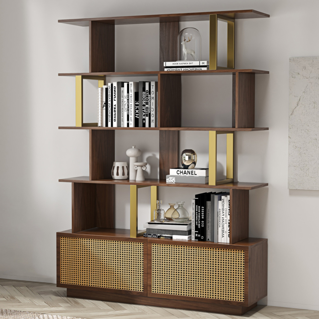 5-Tier Walnut Bookshelf with 2 Drawers Wooden Bookcase in Gold (165 cm High) - image 1