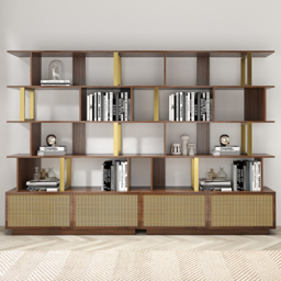 5-Tier Walnut Bookshelf with 2 Drawers Wooden Bookcase in Gold (165 cm High) - thumbnail 4